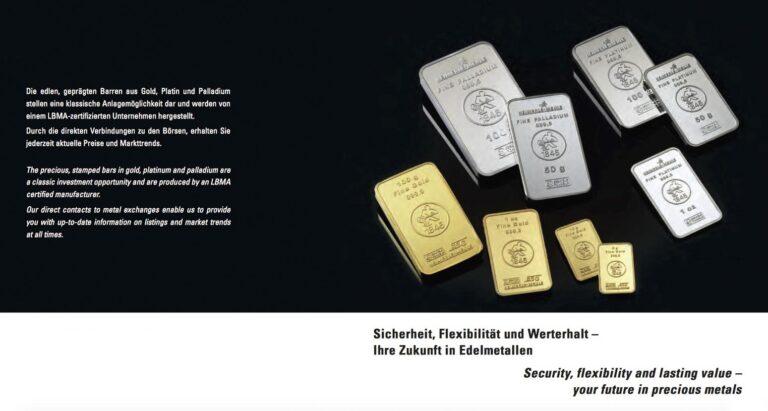 Verschiedene Barren aus Gold, Platin und Palladium auf schwarzem Hintergrund.