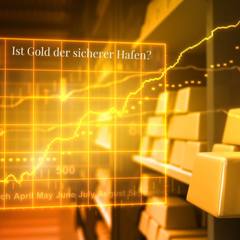 Visualisierung einer Goldpreisentwicklung mit Goldbarren im Hintergrund und grafischen Linien.