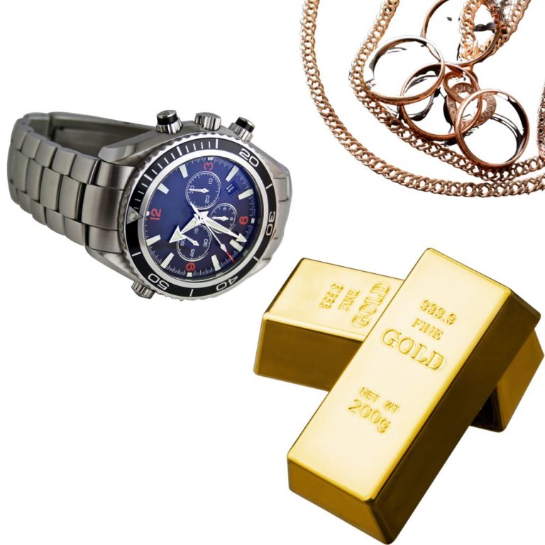 Eine elegante Armbanduhr, goldene Barren und verschiedene Schmuckstücke sind sichtbar.