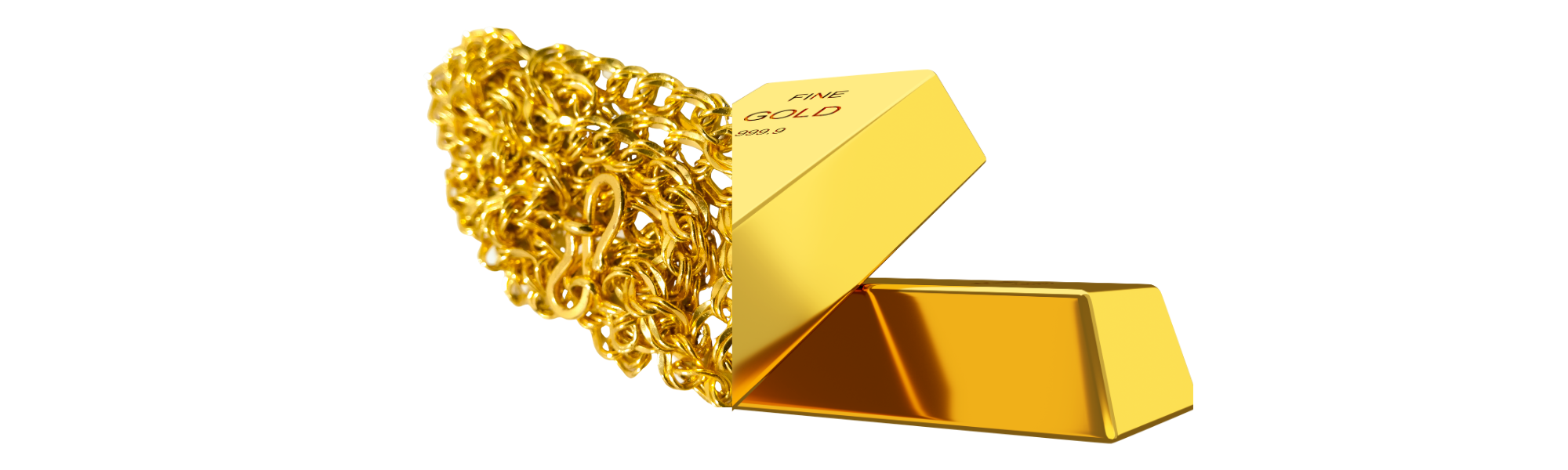 Ein Goldbarren liegt neben einer dicken goldenen Kette auf einem weißen Hintergrund.