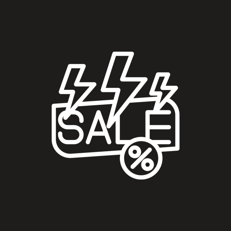 Grafik mit dem Wort SALE, blitzen und einem Prozentzeichen, auf dunklem Hintergrund.