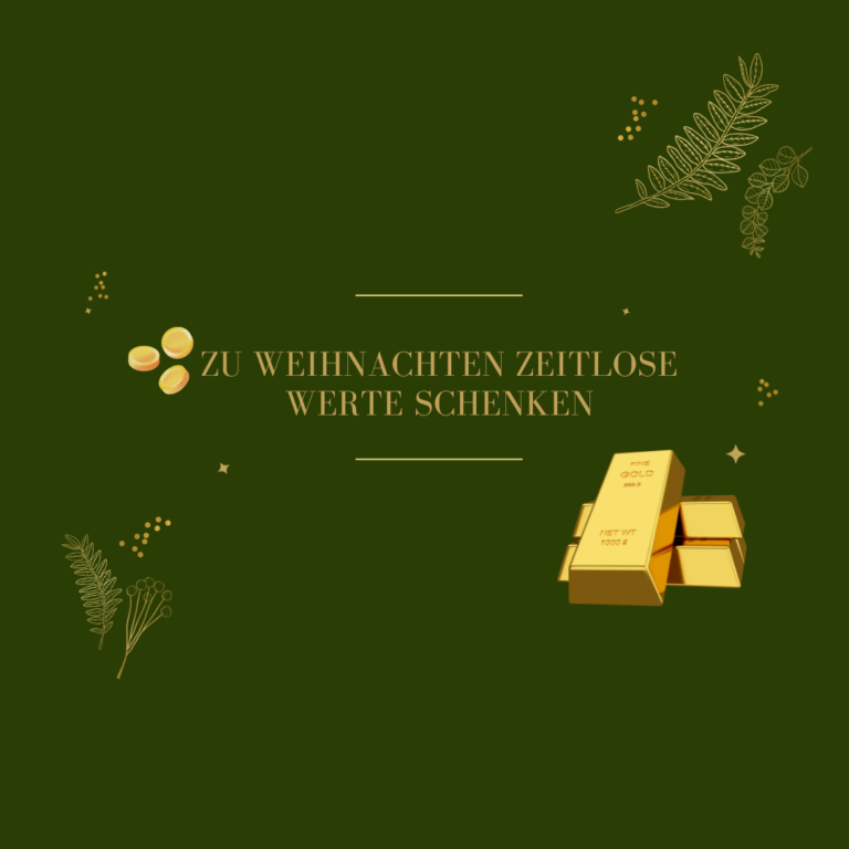 Eine grüne Hintergrundgrafik mit goldenen Stäbchen und Goldbarren, sowie dekorativen Pflanzenelementen.