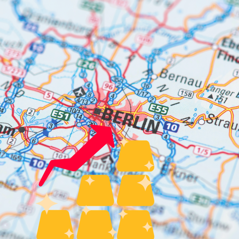 Nahezu eine detaillierte Straßenkarte von Berlin mit einer roten Aufwärtspfeil und Goldbarren-Icons.