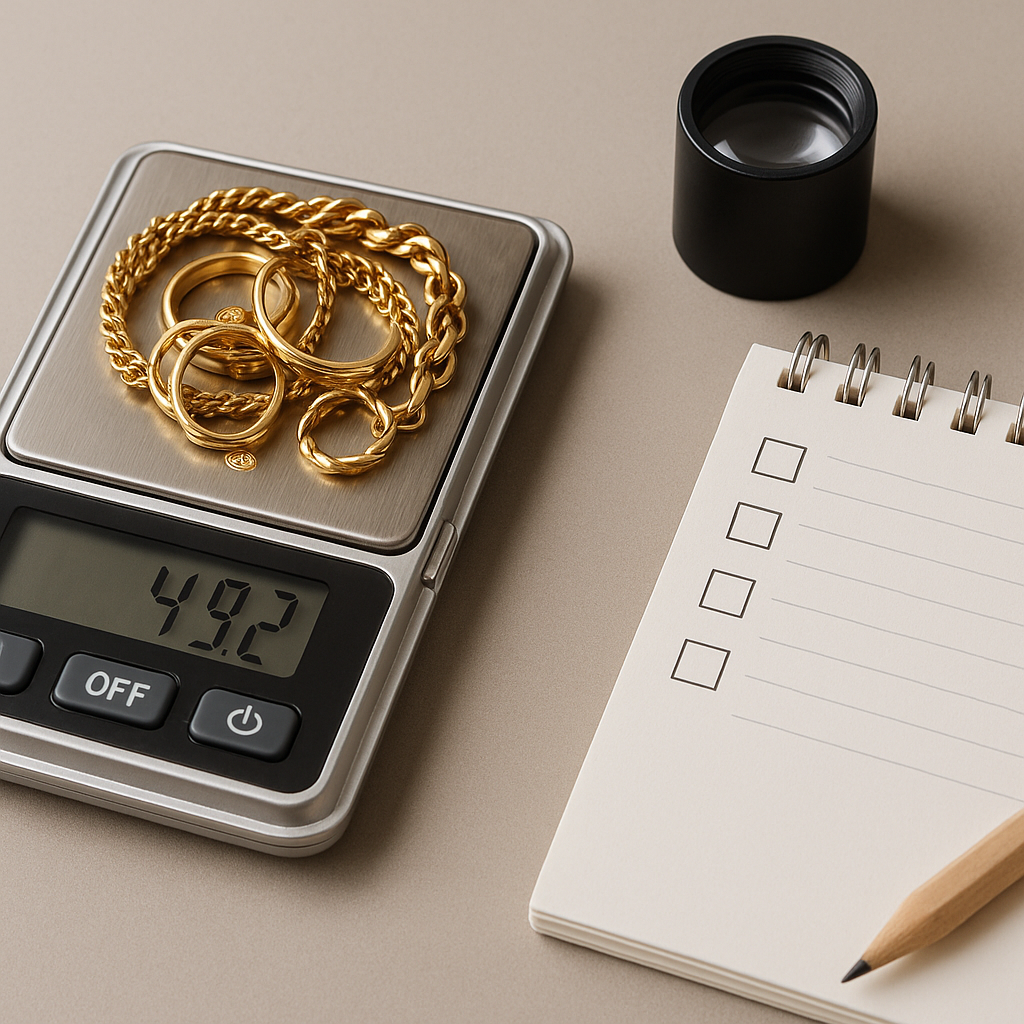 Eine digitales Waage wiegt eine Ansammlung von goldenen Ringen und Ketten. Die Anzeige zeigt 49,2 Gramm. Neben der Waage gibt es ein Notizblock mit leeren Kästchen und einen schwarzen Behälter.