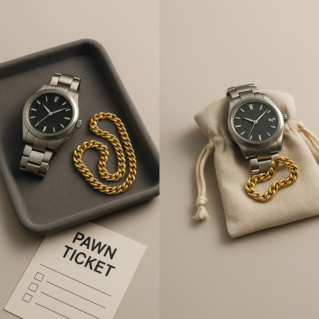 Zweiseitige Aufnahme einer silbernen Armbanduhr mit schwarzem Zifferblatt und einer dicken goldenen Kette; links ein Pfandschein, rechts die Uhr auf einem hellen Stoffbeutel