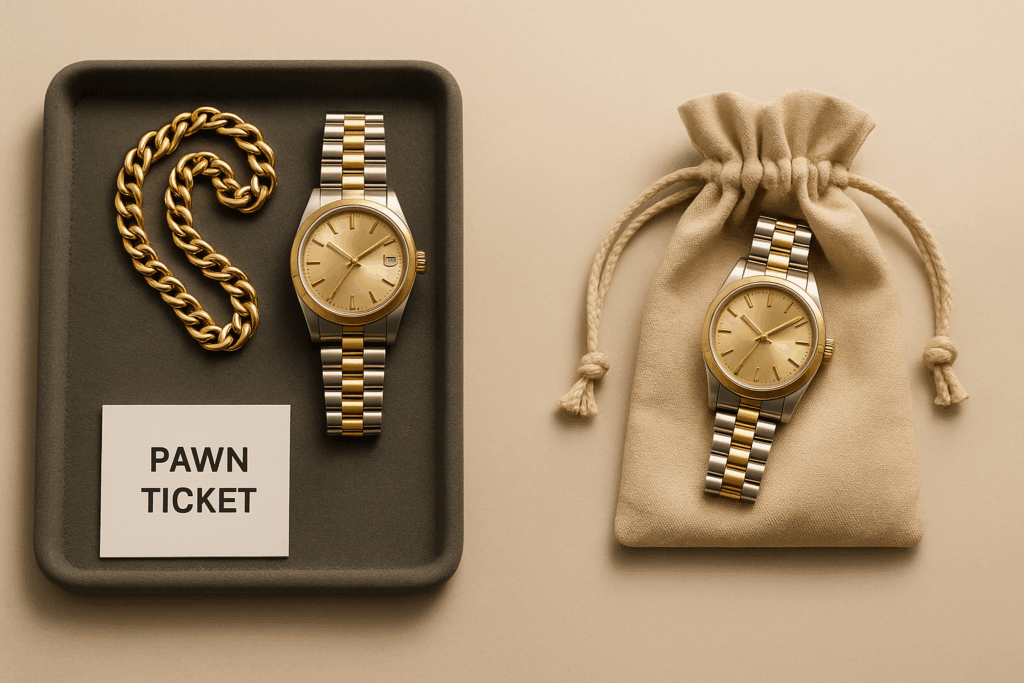 Zweistoffige gold-silberne Armbanduhr neben massiver goldener Kette auf dunklem Tablett mit Pfandticket und identischer Uhr auf beigem Samtbeutel vor beigem Hintergrund