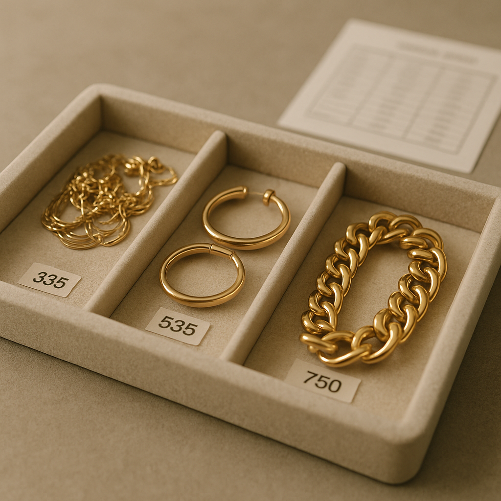 Einfaches Schmuckdisplay mit goldenen Ohrringen und einer Kette. Es gibt drei Fächer mit verschiedenen Schmuckstücken. Ein Ohrstecker liegt neben einer Kette, die in der Mitte platziert ist, und ein weiteres Paar Ohrringe ist rechts.