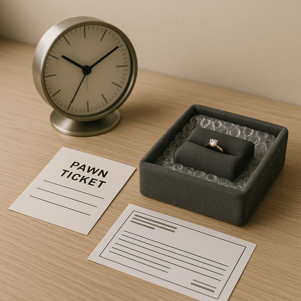 Ein moderner Tisch mit einer silbernen Uhr, einem schwarzen Ringkasten, der einen Ring zeigt, und zwei Pfandtickets, eines mit der Aufschrift 'PAWN TICKET'.