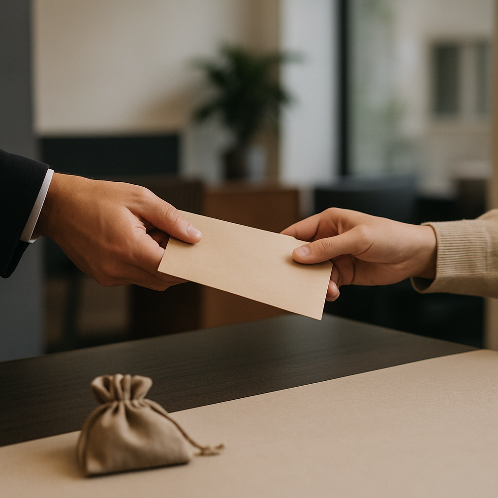 Eine Person übergibt einen beige Briefumschlag von einer Hand zur anderen über einen Tisch. Der Tisch hat eine neutrale Oberfläche, und im Hintergrund sind unscharfe Möbel und Pflanzen sichtbar.