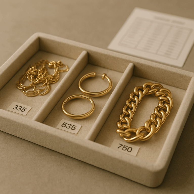 Eine Sammlung von goldenen Schmuckstücken auf einer beige Unterlage. Es gibt eine Kette, zwei Paar Ohrringe und ein Armband, alle in einem Tragebehälter mit nummerierten Fächern. Die Nummern lautenden 335, 535 und 750.