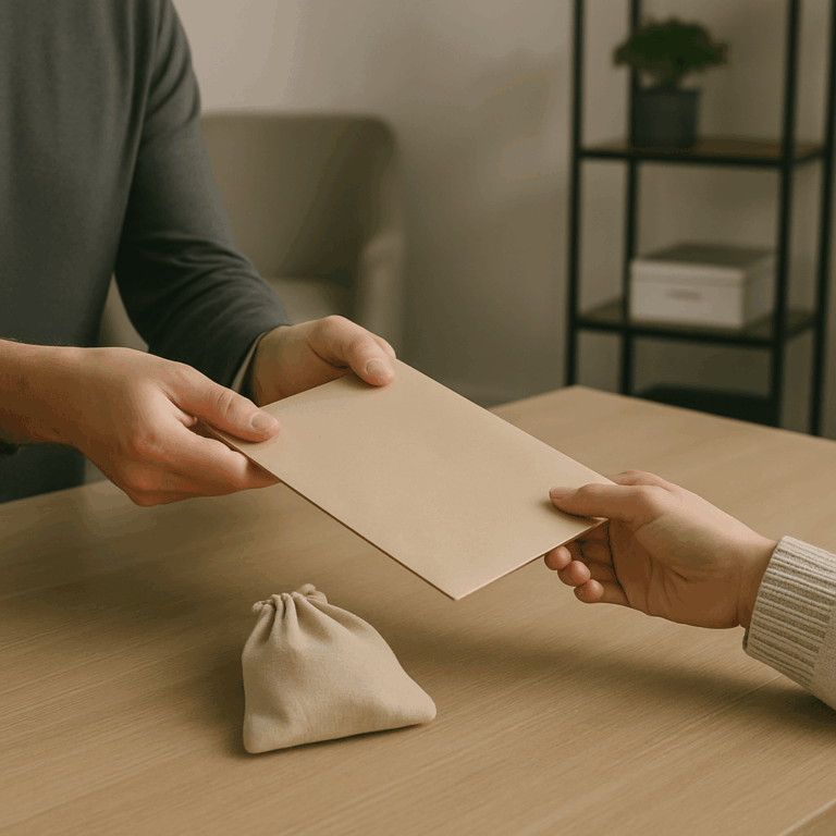 Eine Person gibt einen beige Umschlag an eine andere Person, die sich auf der rechten Seite befindet. Auf dem Tisch liegt ein kleiner, beige Beutel. Die Umgebung scheint freundlich und modern zu sein.