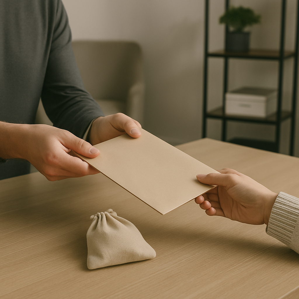 Eine Person gibt einen beige Umschlag an eine andere Person, die sich auf der rechten Seite befindet. Auf dem Tisch liegt ein kleiner, beige Beutel. Die Umgebung scheint freundlich und modern zu sein.