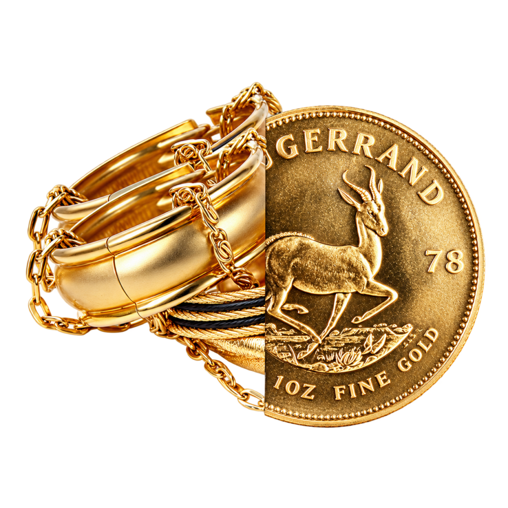 Eine Nahaufnahme von goldenen Armbändern und einer Goldmünze mit einer Antilope.