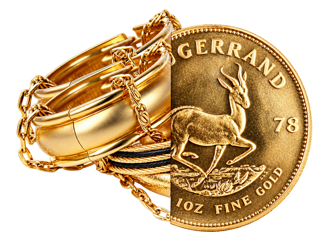Eine Nahaufnahme von goldenen Armbändern und einer Goldmünze mit einer Antilope.