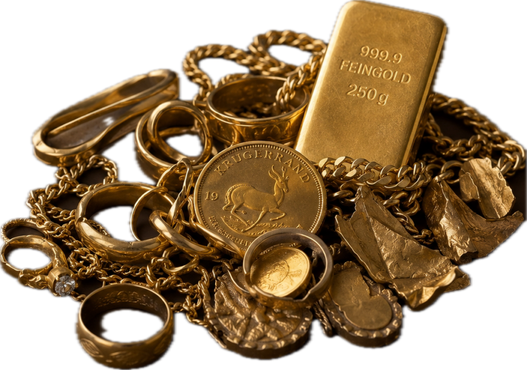 Goldschmuck, Goldbarren und Münzen